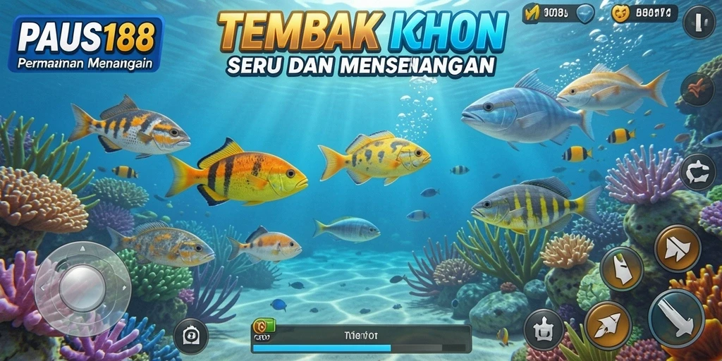 Screenshot PAUS188 menunjukkan aksi seru menembak ikan di laut.