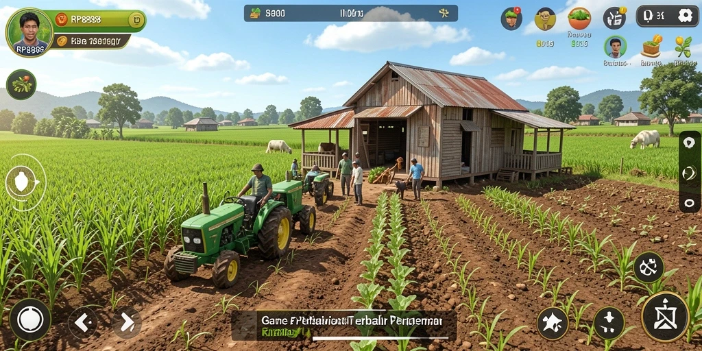 Tangkapan layar gameplay <strong>RP8888</strong> menampilkan suasana ladang yang subur dan aktivitas pertanian.